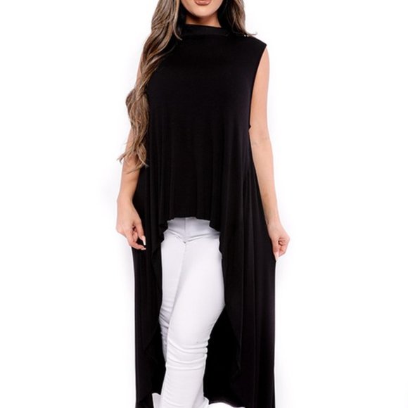 Black Mock Neck High Low Blouse Top with Keyhole Back - Picture 3 of 6